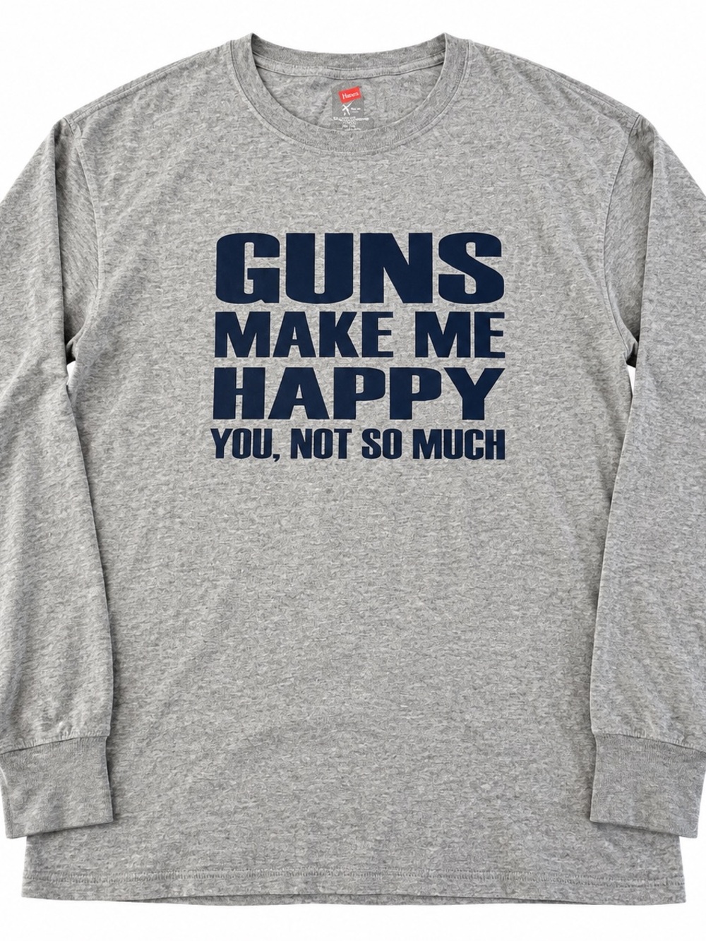 Hanes Gray Long-Sleeve Tee with Navy Bold Text
